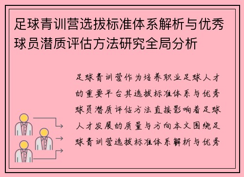 足球青训营选拔标准体系解析与优秀球员潜质评估方法研究全局分析